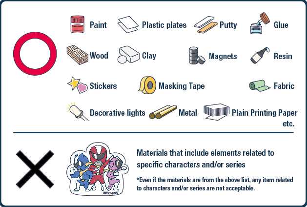 Craft materials that do not contain any materials related to a specific character and/or series in the design such as color, pattern, and shape